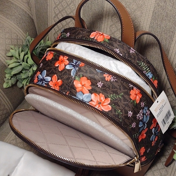NWT Michael Kors Rhea Med Zip Signature Monogram Backpack - Picture 8 of 16
